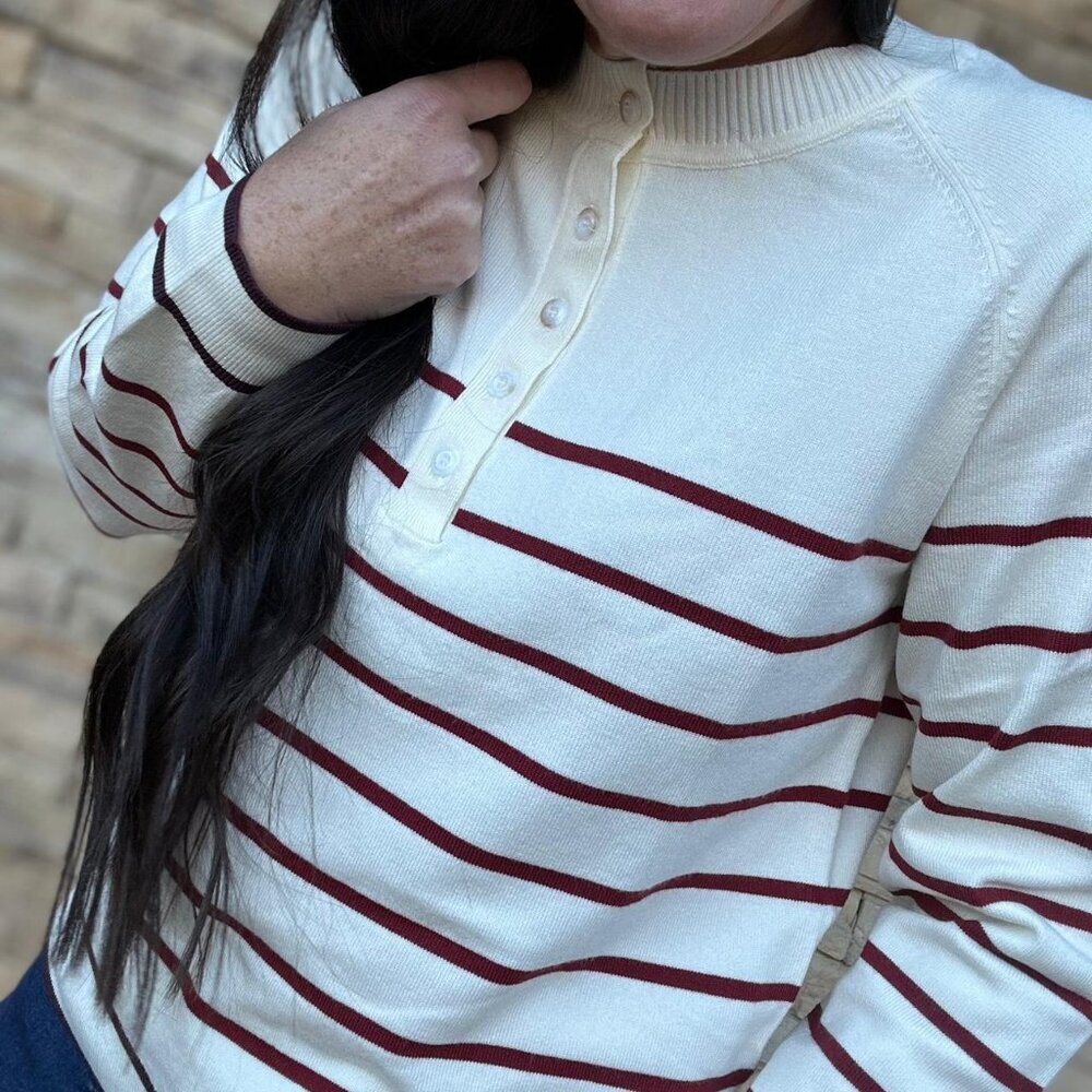 Anniewear Los Angeles Striped Knit Henley Sweater Cream Burgundy Size L